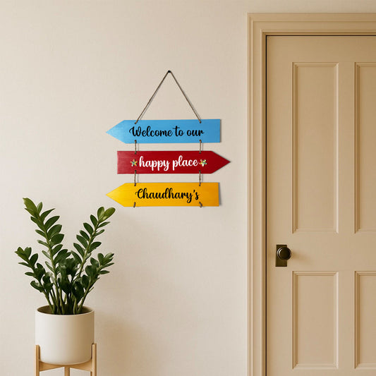 Welcome To Our Happy Place Hand-Painted Wooden Arrow Plank Name Plate For Home - Three Planks