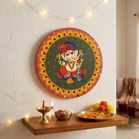 Ganesha Hand-Painted Wooden Mandala Wall Hanging - Green