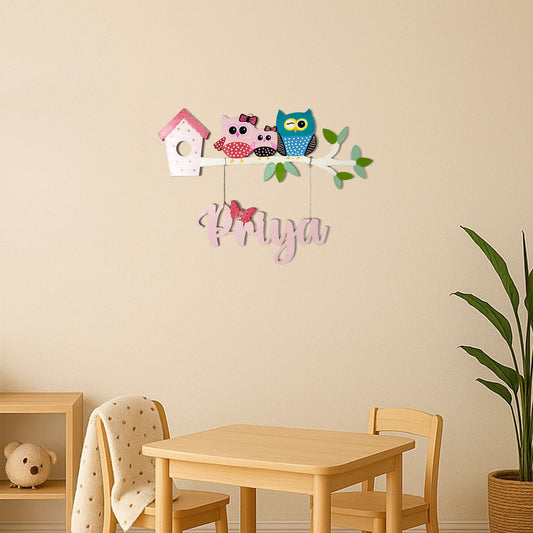 Owl Themed Hand-Painted Wooden Kids Name Plate