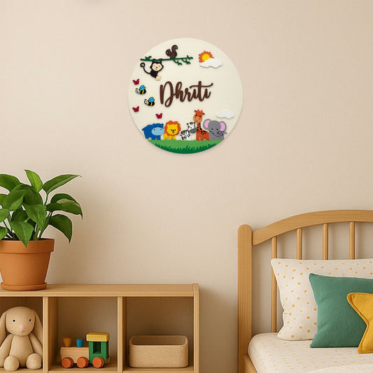 Animal Themed Hand-Painted Wooden Round Kids Name Plate - Design 4