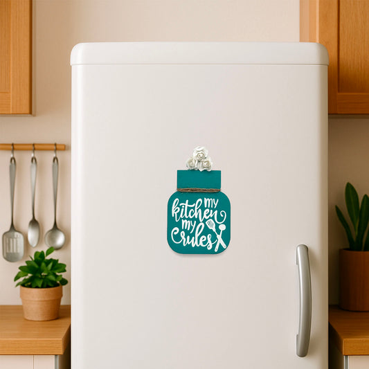 My Kitchen My Rules Hand-Painted Wooden Mason Jar Fridge Magnet - Teal