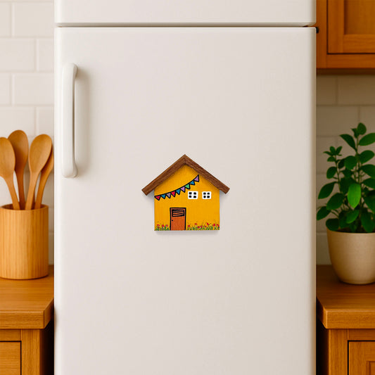 Hand-Painted Wooden Mini Hut Fridge Magnet - Yellow