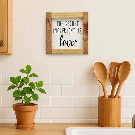 The Secret Ingredient Is Love Hand-Painted Wooden Kitchen Wall Frame - Natural Wood