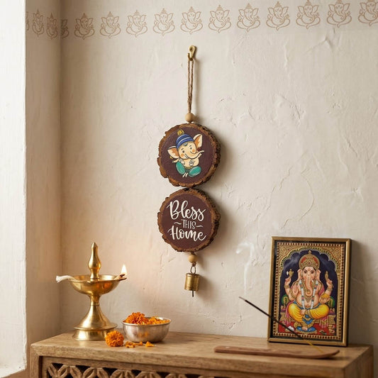 Ganesha Bless This Home Hand-Painted Wooden Log Wall Hanging - Brown