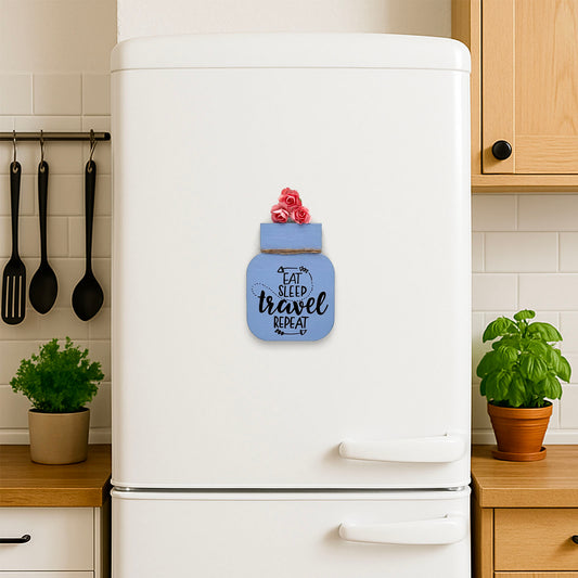 Eat Sleep Travel Repeat Hand-Painted Wooden Mason Jar Fridge Magnet - Blue