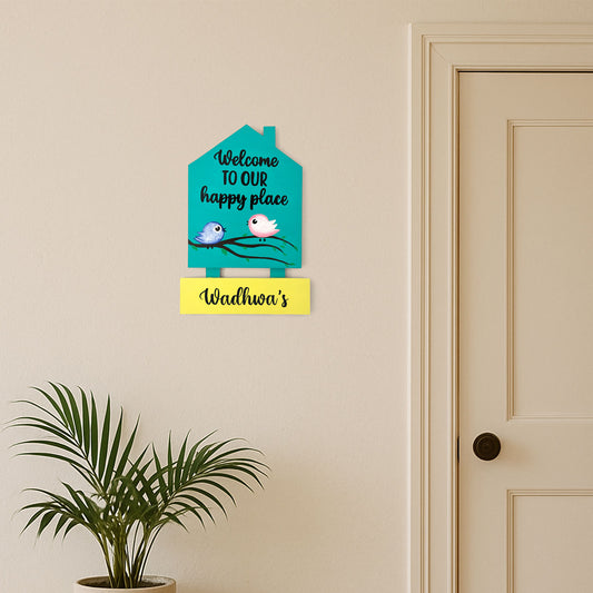 Birds Themed Hut-Shaped Hand-Painted Wooden Name Plate For Home - Hut & One Plank