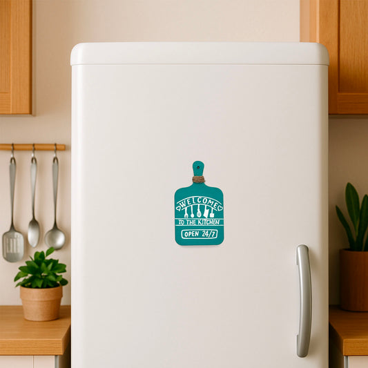 Welcome To My Kitchen Open 24*7 Hand-Painted Wooden Chopping Board Fridge Magnet - Teal