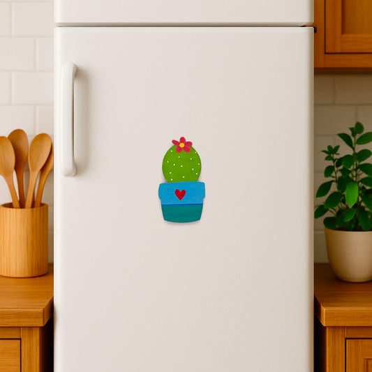 Hand-Painted Wooden Cactus Fridge Magnet - Design 8