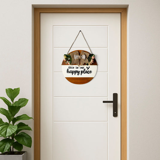 This Is Our Happy Place Hand-Painted Wooden Door Hanger - White & Wooden Finish