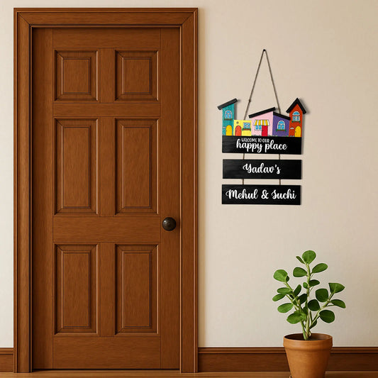 Hut-Shaped Hand-Painted Wooden Name Plate For Home - Hut Board & Two Planks Design 1