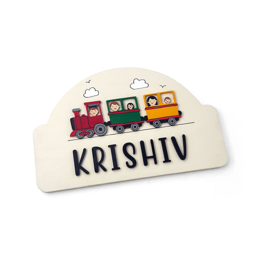 Train Themed Hand-Painted Wooden Arch-Shaped Kids Name Plate