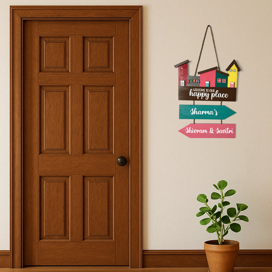 Hut-Shaped Hand-Painted Wooden Name Plate For Home - Hut Board & Two Planks Design 4