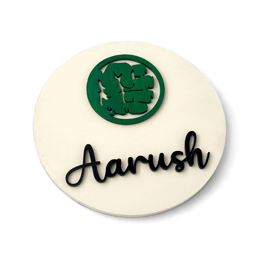 Hulk Fist Themed Hand-Painted Wooden Name Plate For Kids