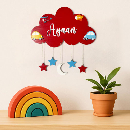 Cloud & Vehicles Themed Hand-Painted Wooden Kids Name Plate
