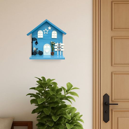 Personalised Hand-Painted Wooden Hut Key Holder With Shelf - Light Blue