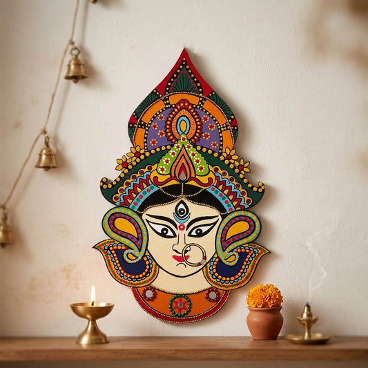Durga Ma Hand-Painted Wooden Wall Hanging