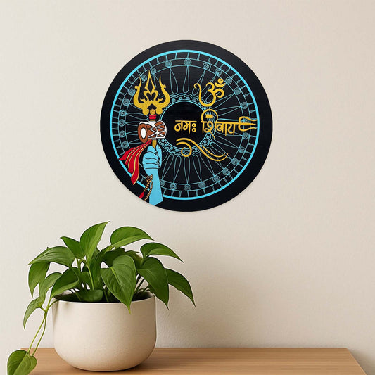 Om Namah Shivaya Hand-Painted Wooden Round Wall Hanging With Shiva Trishul - Blue