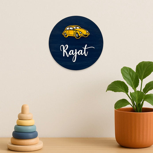 Car Themed Hand-Painted Wooden Mini Kids Name Plate