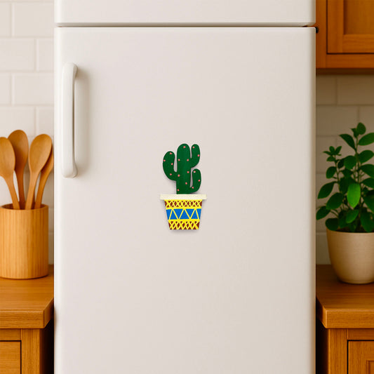 Hand-Painted Wooden Cactus Fridge Magnet - Design 9