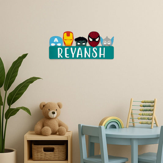 Avengers Themed Hand-Painted Wooden Kids Name Plate - Teal