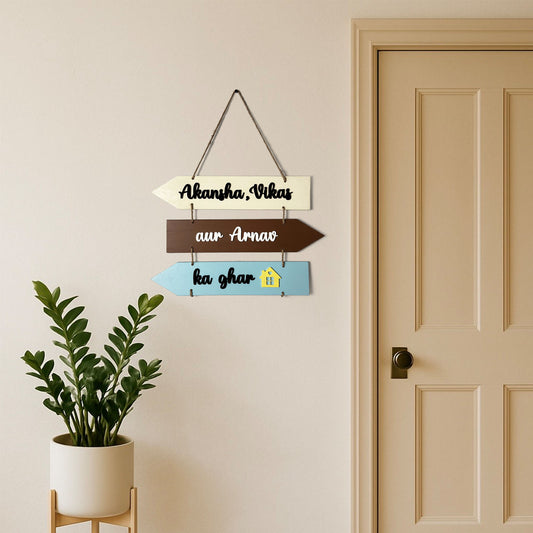 Ghar Hand-Painted Wooden Arrow Plank Name Plate For Home