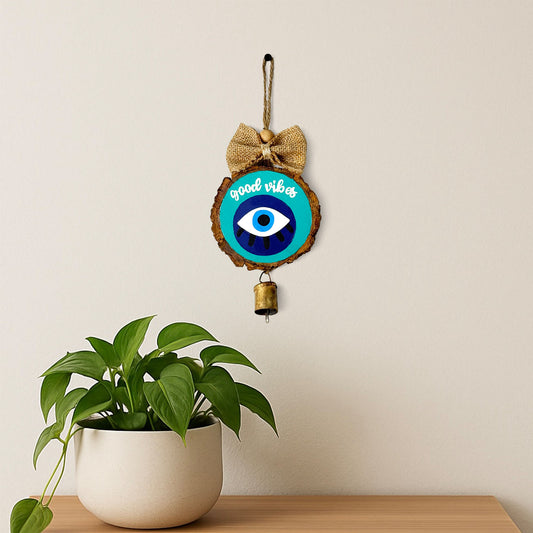 Good Vibes Evil Eye Hand-Painted Wooden Log Wall Hanging