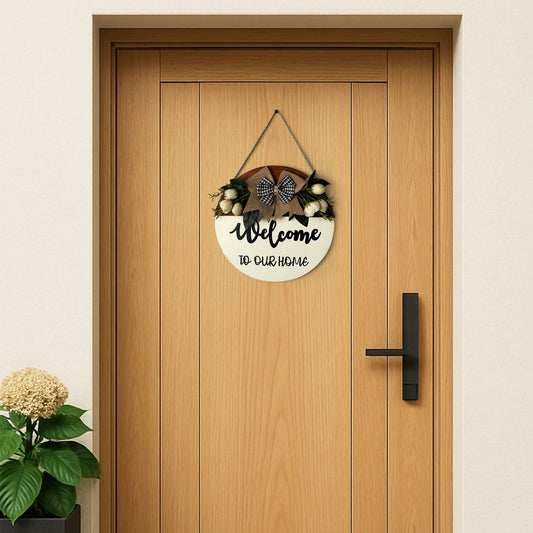 Welcome To Our Home Hand-Painted Wooden Door Hanger With White Flowers