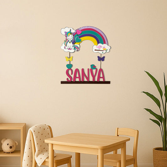 Unicorn Themed Hand-Painted Wooden Kids Name Plate - Design 1