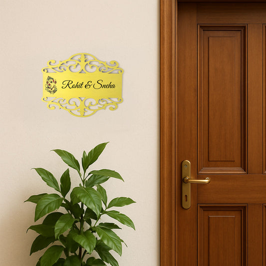 Ganesha Artwork Hand-Painted Wooden Madhubani Name Plate For Home