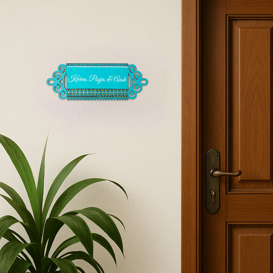 Geometric Artwork Hand-Painted Wooden Madhubani Name Plate For Home