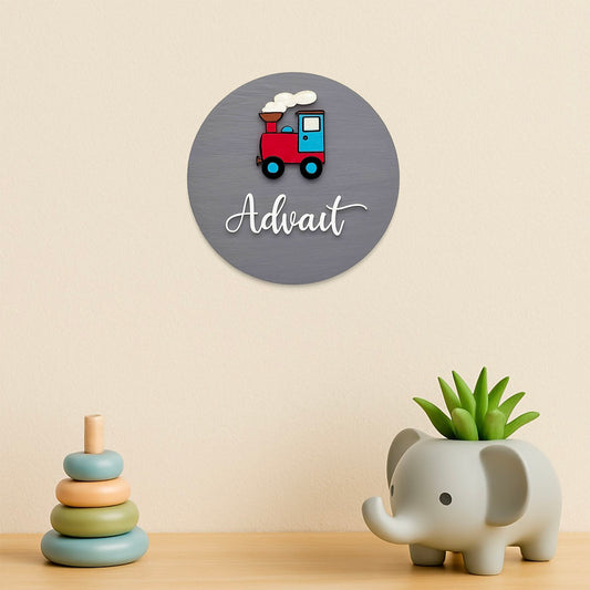 Train Themed Hand-Painted Wooden Mini Kids Name Plate
