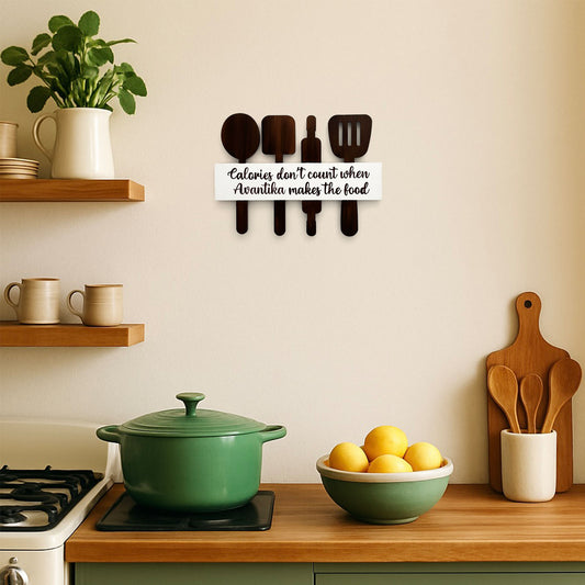 Calories Don't Count Personalised Name Hand-Painted Wooden Utensil Board Kitchen Wall Hanging - Brown