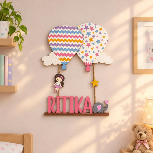 Hot Air Balloon Themed Hand-Painted Wooden Kids Name Plate - Design 2
