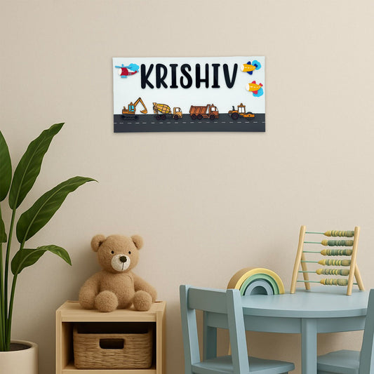 Construction Vehicles Themed Hand-Painted Wooden Kids Name Plate - Light Blue