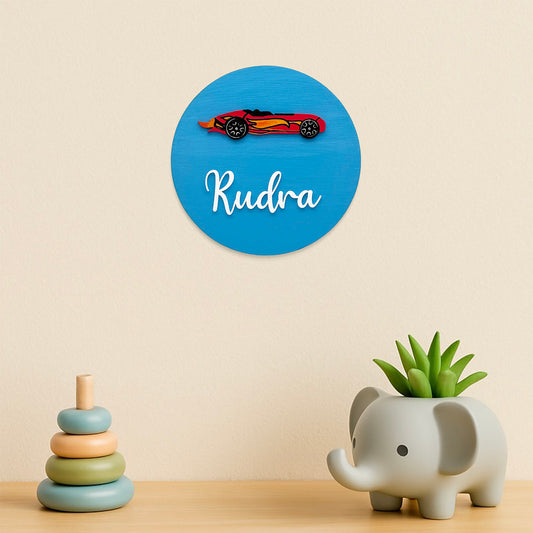 Hot Wheels Car Themed Hand-Painted Wooden Mini Kids Name Plate