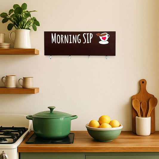 Morning SIP Hand-Painted Wooden Kitchen Mug Holder - Brown