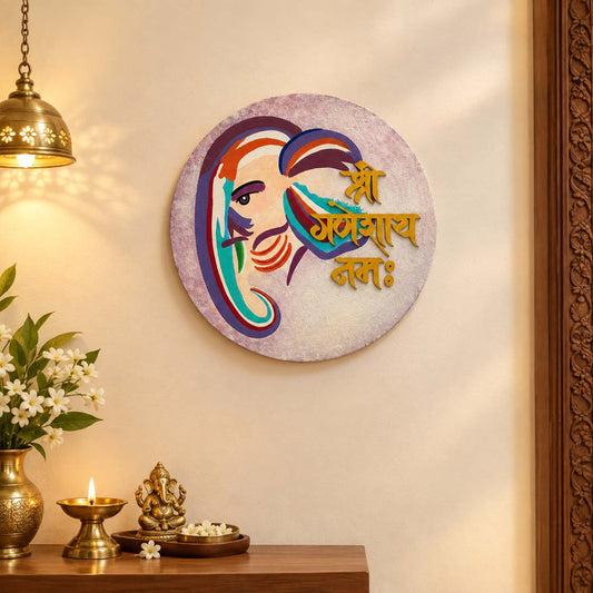 Shree Ganeshaya Namah Hand-Painted Wooden Round Wall Hanging - Pastel