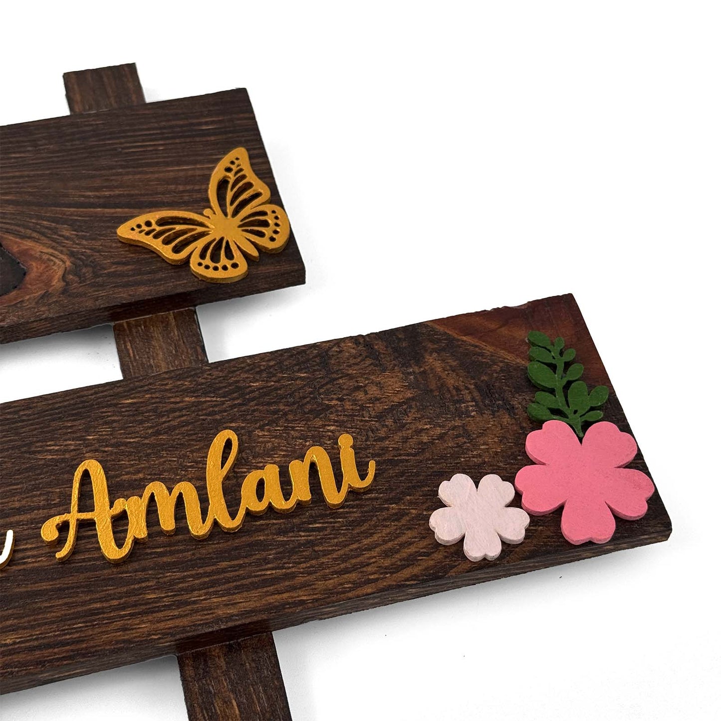 Butterfly & Flower Themed Hand-Painted Wooden Two Plank Name Plate For Home - Wooden Finish