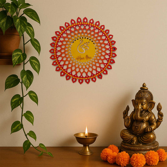 Sahasrara Chakra Hari Om Hand-Painted Wooden Wall Hanging - Red