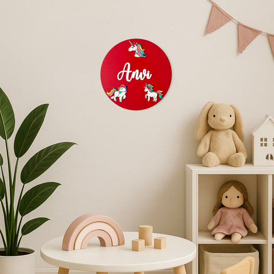 Unicorn Themed Hand-Painted Wooden Round Kids Name Plate - Design 1