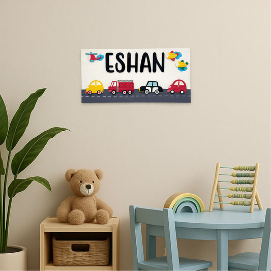 Vehicles Themed Hand-Painted Wooden Kids Name Plate - White