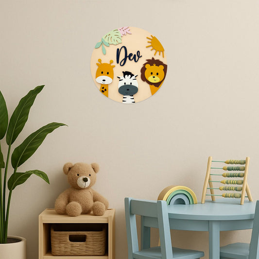 Animal Themed Hand-Painted Wooden Round Kids Name Plate - Design 1