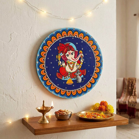 Ganesha Hand-Painted Wooden Mandala Wall Hanging - Blue