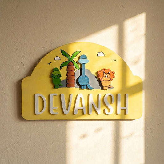 Dinosaur Themed Hand-Painted Wooden Arch-Shaped Kids Name Plate