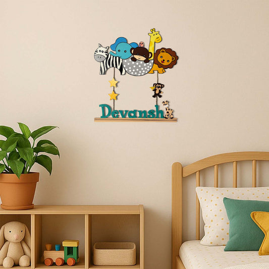 Animal Themed Hand-Painted Wooden Kids Name Plate - Design 2