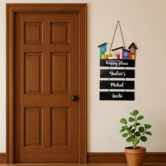 Hut-Shaped Hand-Painted Wooden Name Plate For Home - Hut Board & Three Planks Design 1