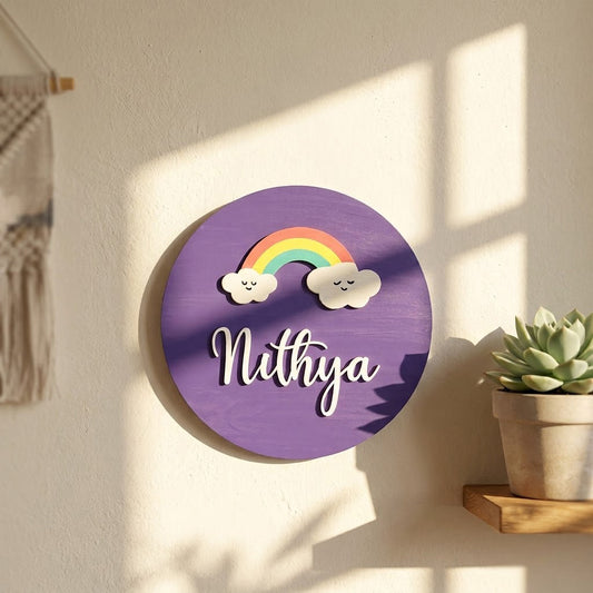 Rainbow Themed Hand-Painted Wooden Name Plate For Kids