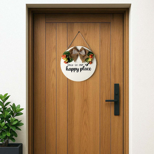This Is Our Happy Place Hand-Painted Wooden Door Hanger - White