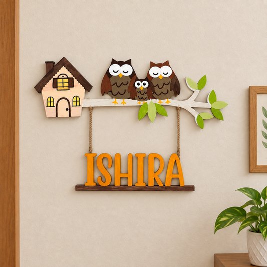 Owl Themed Hand-Painted Wooden Kids Name Plate - Design 2