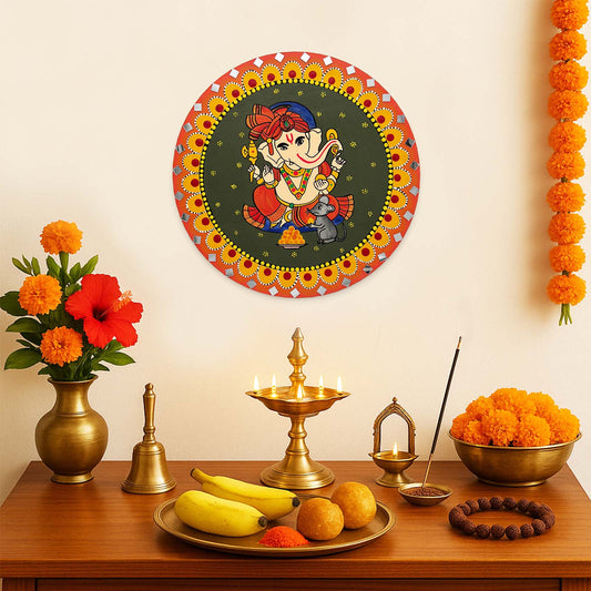 Ganesha Hand-Painted Wooden Mandala Wall Hanging - Green